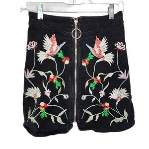 NEW Umgee Embroidered High Waist Denim Skirt Front Zip Asian Oriental Mini Small